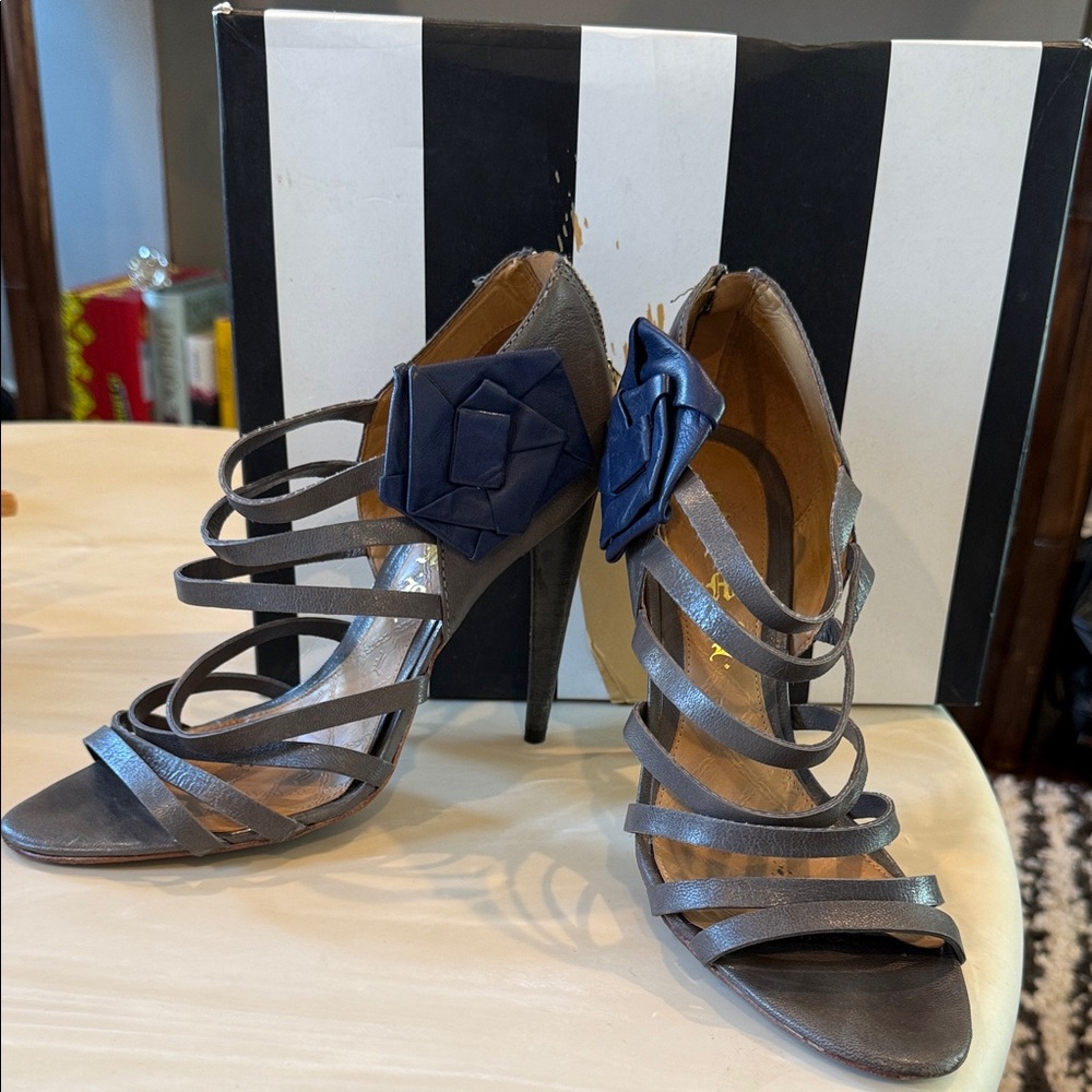 L.A.M.B. Gray Strappy Heels with Blue Floral Detail